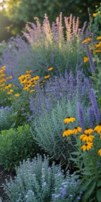 Deer-resistant full sun perennials in a vibrant garden scene.