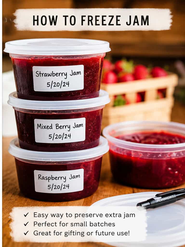 Different Ways to Make Jellies and Jams (And Why You Should Start This Weekend) 1 Assorted homemade berry jams in containers ready for freezing and storage.