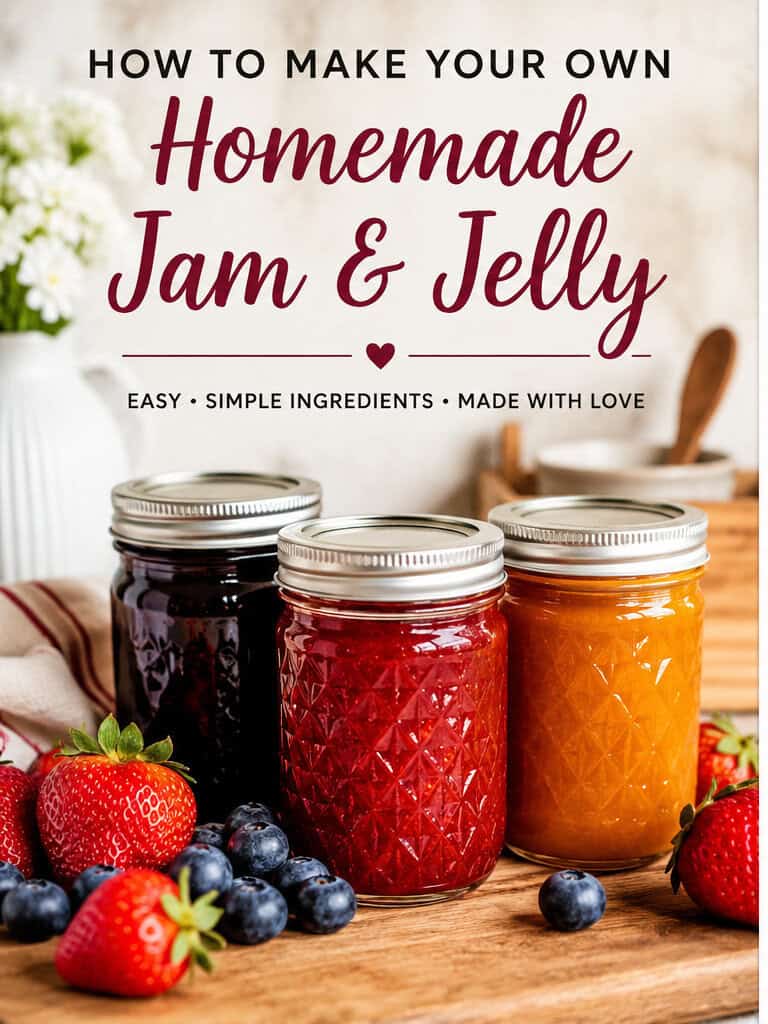 Different Ways to Make Jellies and Jams (And Why You Should Start This Weekend) 4 Three jars of homemade jam and jelly with fresh berries on a wooden surface.