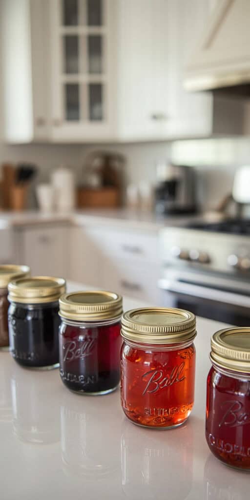 Different Ways to Make Jellies and Jams (And Why You Should Start This Weekend) 2 Assorted homemade fruit jellies in glass jars on a kitchen countertop.