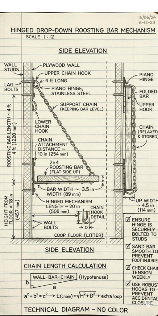 DIY Roosting Bars for Chicken Coops 8 Detailed diagram of hinged drop-down chicken roosting bar mechanism.