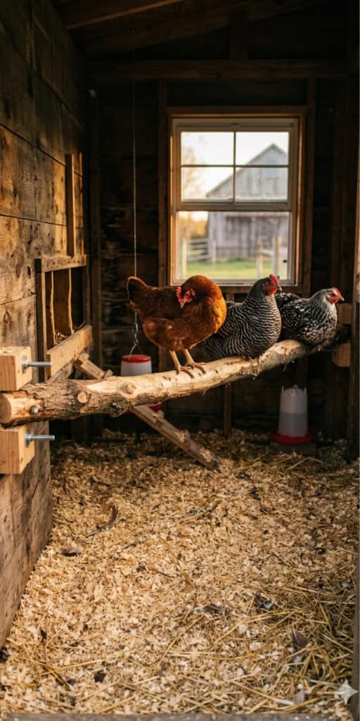 DIY Roosting Bars for Chicken Coops 4 Chickens perched on wooden roosting bars inside a rustic chicken coop.