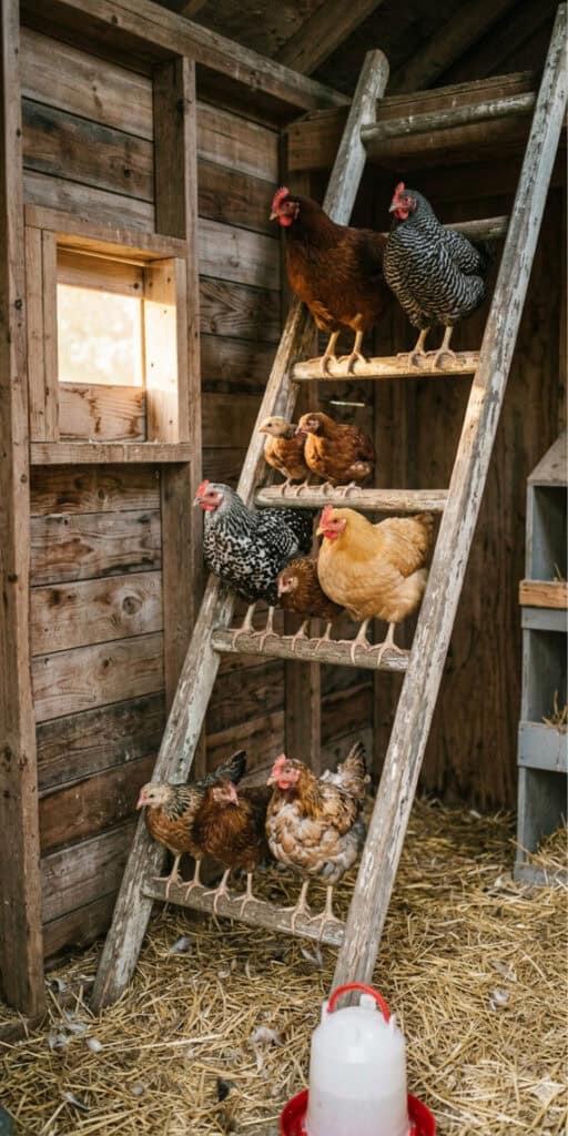 DIY Roosting Bars for Chicken Coops 5 Wooden ladder with chickens roosting inside a rustic chicken coop.