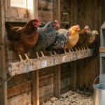 8 Chickens perching on DIY wooden roosting bars inside a rustic chicken coop.