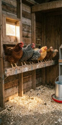 Chickens perching on DIY wooden roosting bars inside a rustic chicken coop.