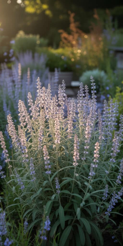 Deer Resistant Landscaping Shrubs: What Actually Works (And How to Use Them) 2 Lavender flowers in a garden during sunset with warm sunlight.