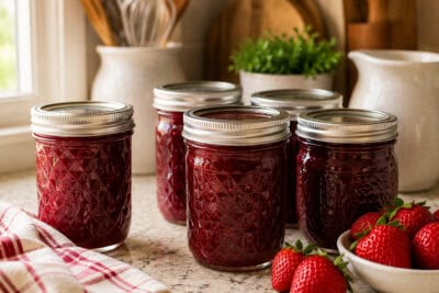 Assorted homemade berry jams in glass mason jars on kitchen countertop.