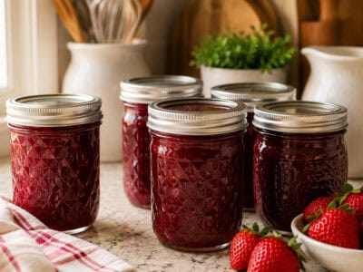 Assorted homemade berry jams in glass mason jars on kitchen countertop.