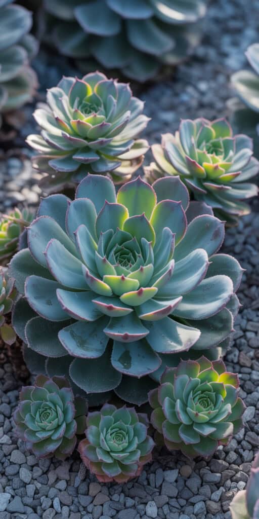 Succulent Garden Designs: Everything You Need to Know to Grow a Gorgeous, Low-Maintenance Garden 4 Beautiful echeveria succulent plants in a garden bed.
