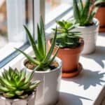 7 Succulent plants in pots on a bright windowsill, thriving in natural sunlight.