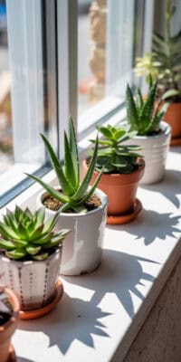Succulent plants in pots on a bright windowsill, thriving in natural sunlight.