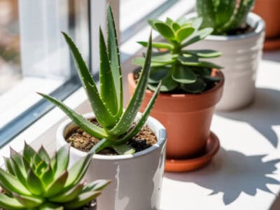 Succulent plants in pots on a bright windowsill, thriving in natural sunlight.