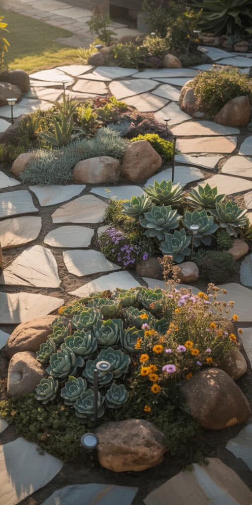 Succulent Garden Designs: Everything You Need to Know to Grow a Gorgeous, Low-Maintenance Garden 8 Succulent garden with stone pathway and decorative rocks in a backyard landscape.