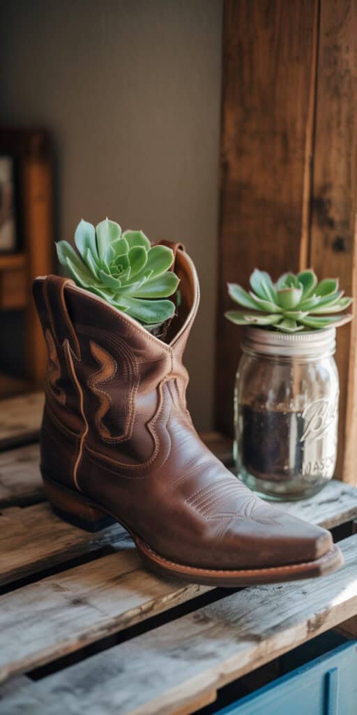 Succulent Garden Designs: Everything You Need to Know to Grow a Gorgeous, Low-Maintenance Garden 3 Vintage cowboy boot with succulent plants for rustic decor, perfect for farmhouse or country-style h.