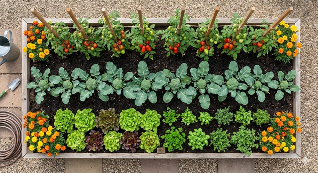 Turn Your Front Yard Into a Veggie Garden (Yes, Really) 1 Vegetable garden bed with lush greens, flowering marigolds, and tomato plants supported by stakes.
