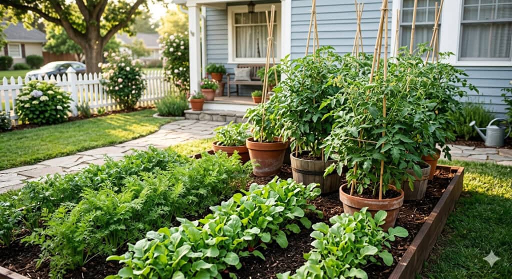 Turn Your Front Yard Into a Veggie Garden (Yes, Really) 3 Vegetable garden with thriving tomato plants supported by stakes and lush leafy greens in a backyard.
