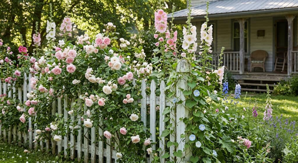 The Grandma Garden: How to Grow a Cottage-Style Flower Garden on a Budget 2 Beautiful garden scene featuring blooming pink and white roses near a white picket fence. Perfect fo.