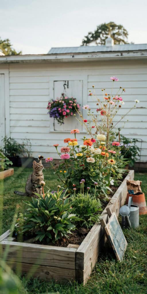 The Grandma Garden: How to Grow a Cottage-Style Flower Garden on a Budget 5 Vintage garden shed with colorful flowers and a curious cat in the yard.