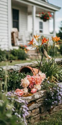 Vibrant garden flowers blooming near a cozy house with hanging basket.