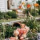 Vibrant garden flowers blooming near a cozy house with hanging basket.