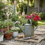 7 Herb garden featuring potted herbs, gardening tools, and blooming flowers on a sunny porch.