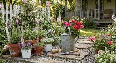 Herb garden featuring potted herbs, gardening tools, and blooming flowers on a sunny porch.