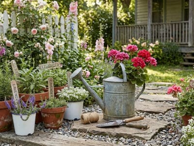Herb garden featuring potted herbs, gardening tools, and blooming flowers on a sunny porch.
