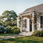 7 Beautiful garden with low maintenance shrubs and flowering plants around a cozy cottage.