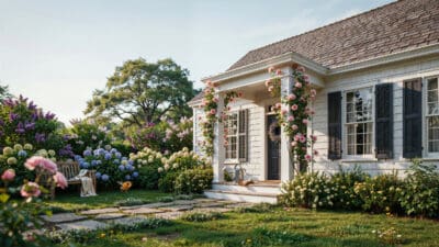 Beautiful garden with low maintenance shrubs and flowering plants around a cozy cottage.