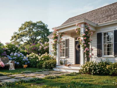Beautiful garden with low maintenance shrubs and flowering plants around a cozy cottage.