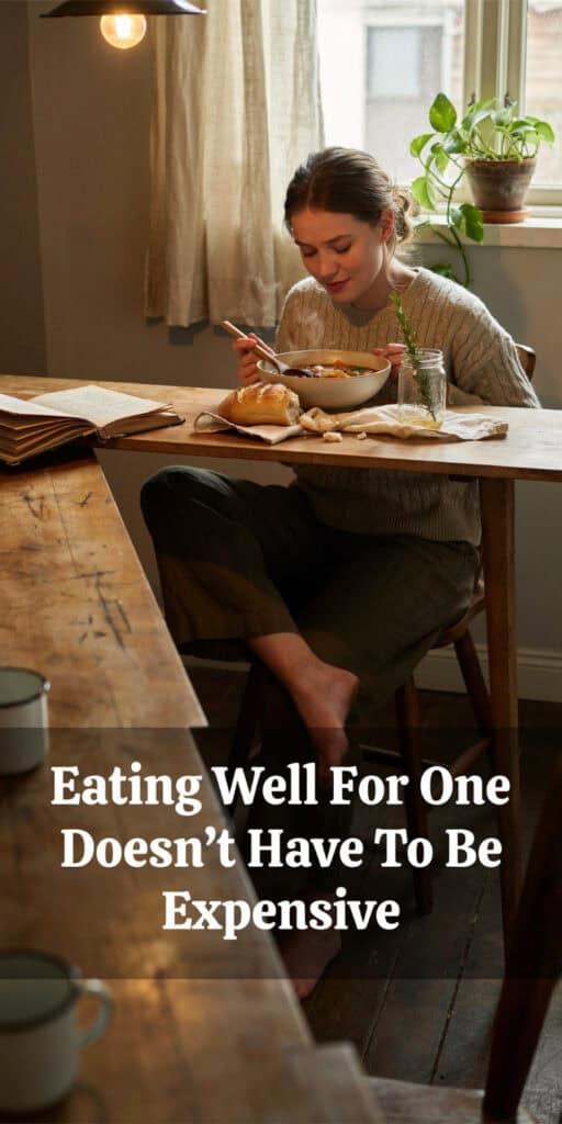 Meals On A Budget For One (Real Food, Not Sad Desk Lunches) 3 Woman enjoying a healthy meal alone at home with affordable ingredients.