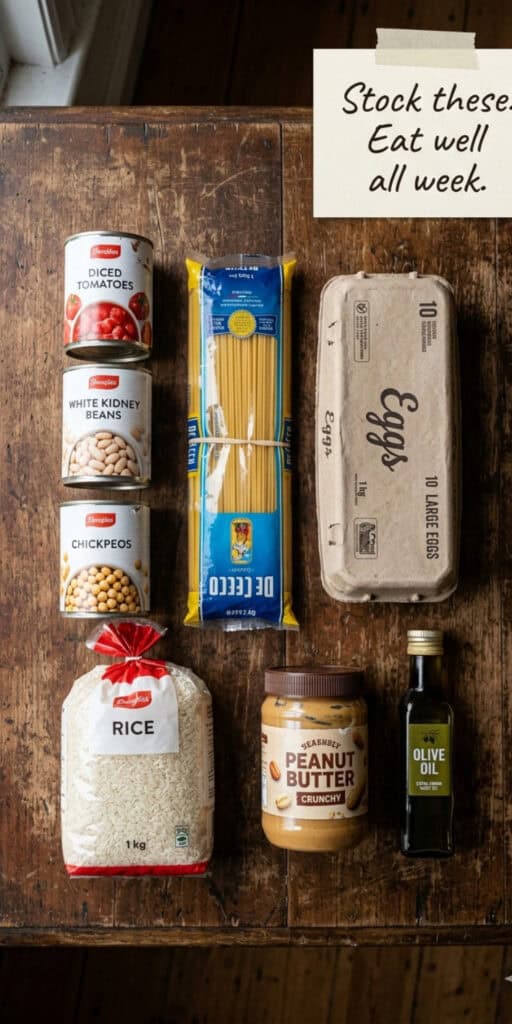 Meals On A Budget For One (Real Food, Not Sad Desk Lunches) 2 Basic grocery essentials including canned tomatoes, beans, pasta, rice, peanut butter, eggs, and oli.