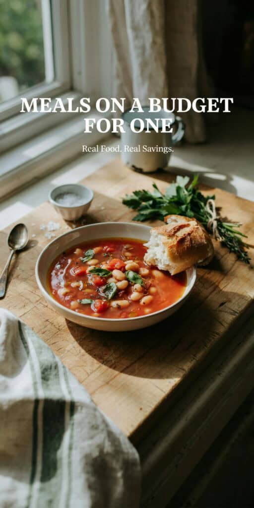 Meals On A Budget For One (Real Food, Not Sad Desk Lunches) 1 Bowl of homemade vegetable and bean soup on a kitchen counter, budget-friendly meal for one.