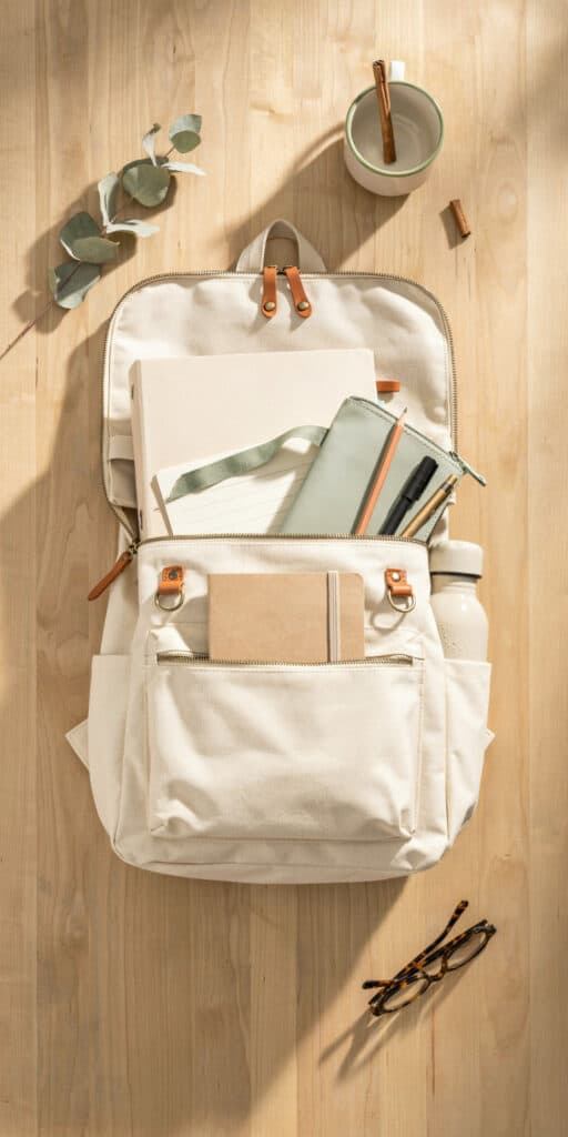 The Ultimate Back to School Survival Kit for Teens (A Complete School Bag Checklist) 4 School backpack with notebooks, water bottle, and accessories on wooden desk.