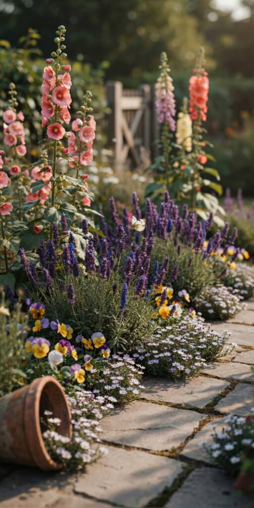 Whimsical Garden Ideas That'll Make Your Backyard Look Like a Fairytale 2 Vibrant garden flowers including pink hollyhocks and purple lavender in a whimsical backyard.