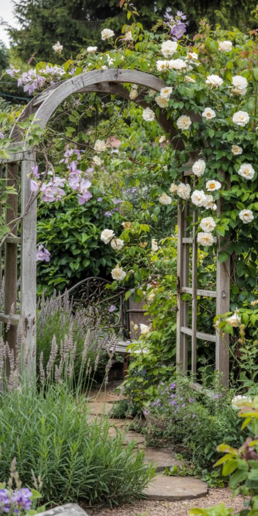 Whimsical Garden Ideas That'll Make Your Backyard Look Like a Fairytale 3 Charming garden arch covered in white and purple flowers for a fairy-tale backyard.