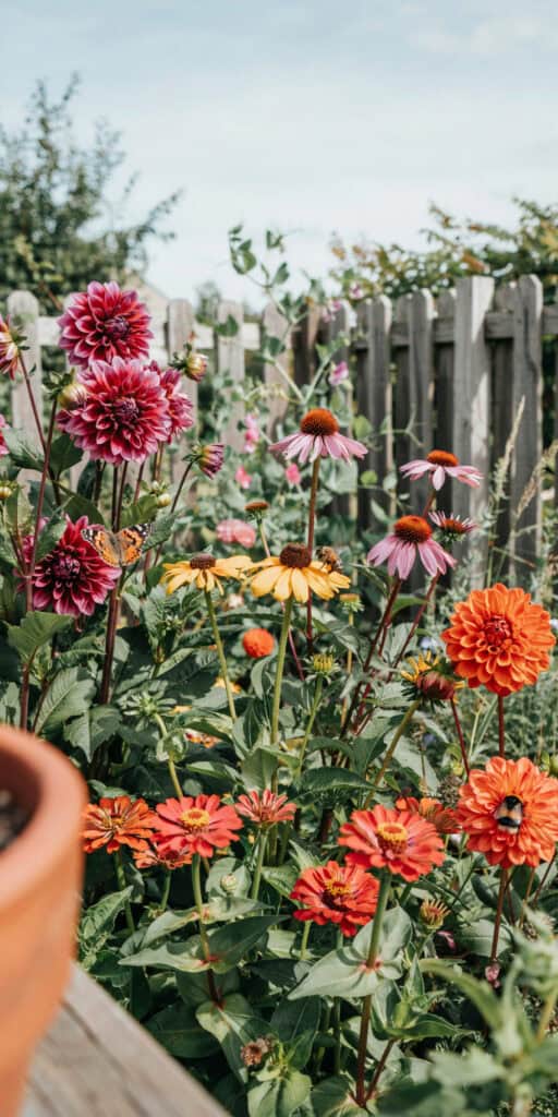 Whimsical Garden Ideas That'll Make Your Backyard Look Like a Fairytale 6 Vibrant garden flowers with a white picket fence in the background.