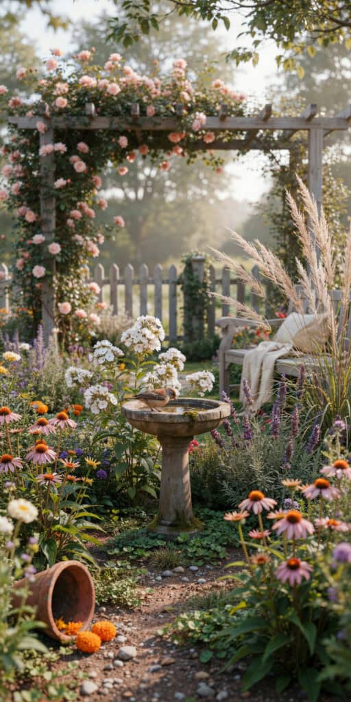 Whimsical Garden Ideas That'll Make Your Backyard Look Like a Fairytale 7 Enchanting garden scene with roses, flowers, and birdbath for fairytale backyard.