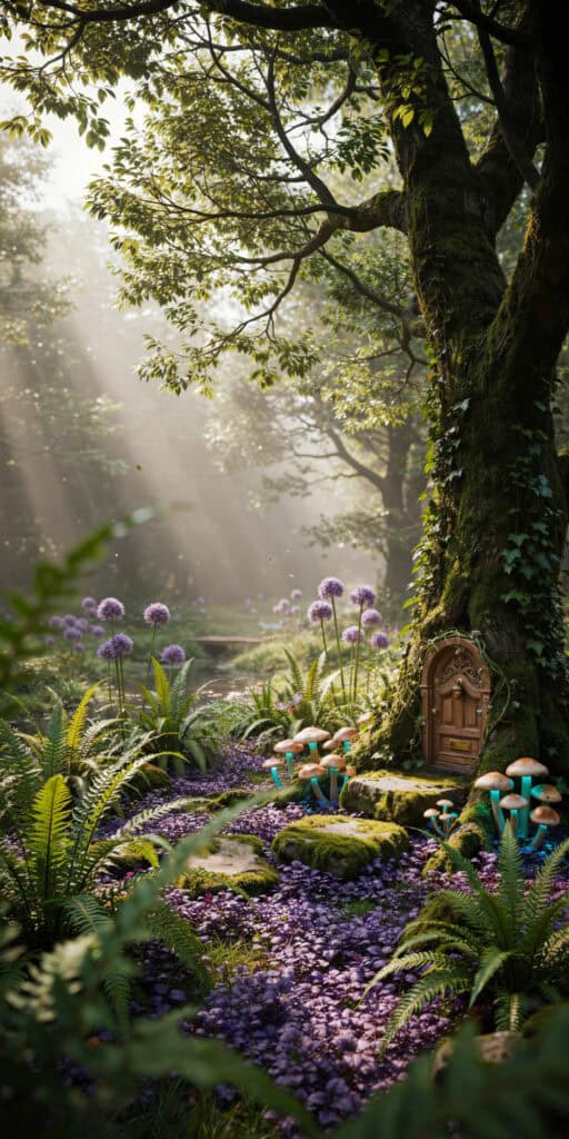 Whimsical Garden Ideas That'll Make Your Backyard Look Like a Fairytale 8 Enchanted garden with mushrooms, fairy door, and lush greenery.