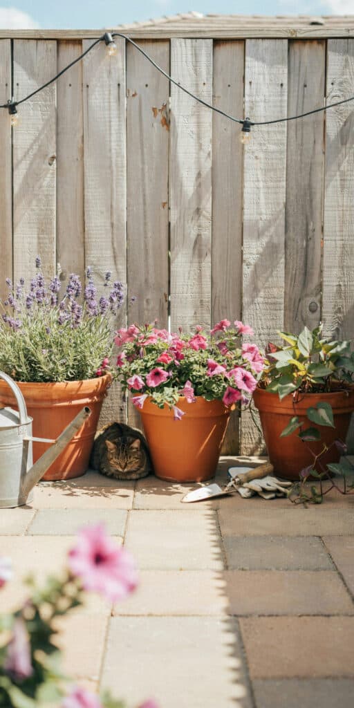 Whimsical Garden Ideas That'll Make Your Backyard Look Like a Fairytale 9 Colorful flower pots with blooming flowers and fairy lights in a garden setting.