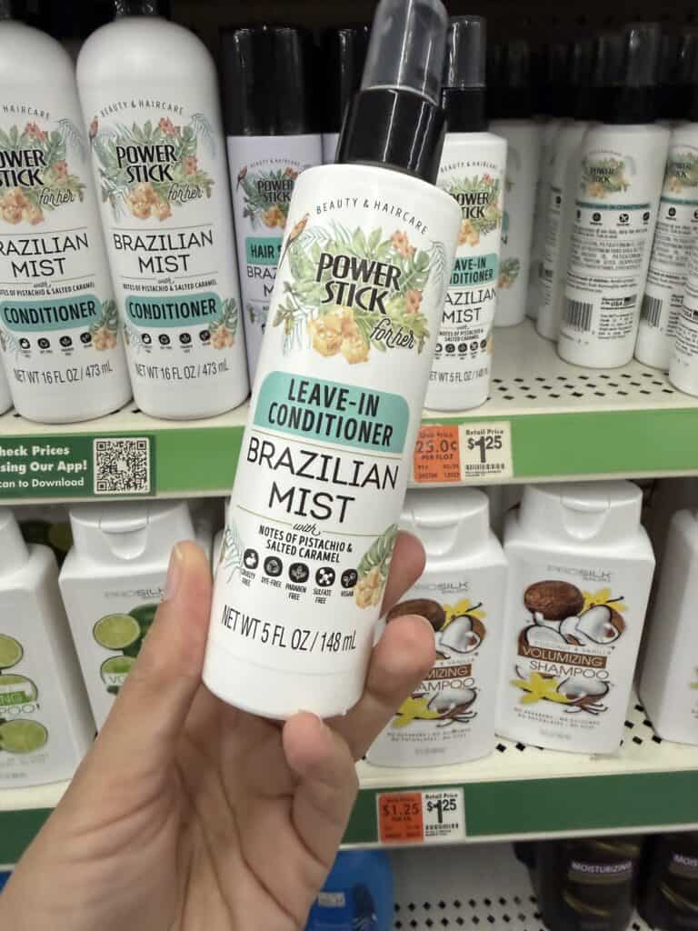 15 Dollar Tree Personal Care Finds I Actually Keep Buying (All Just $1.25!) 9 Power Stick Brazilian Mist Leave-In Conditioner for hair care.