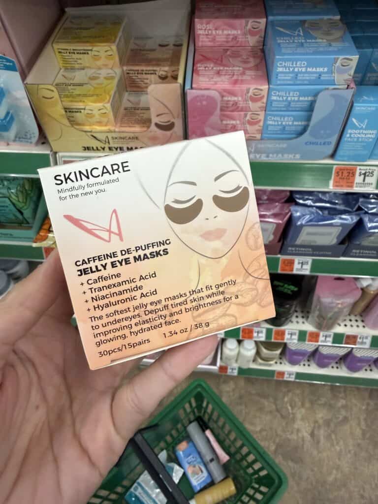 15 Dollar Tree Personal Care Finds I Actually Keep Buying (All Just $1.25!) 2 Caffeine jelly eye masks in box for skincare and brightening.