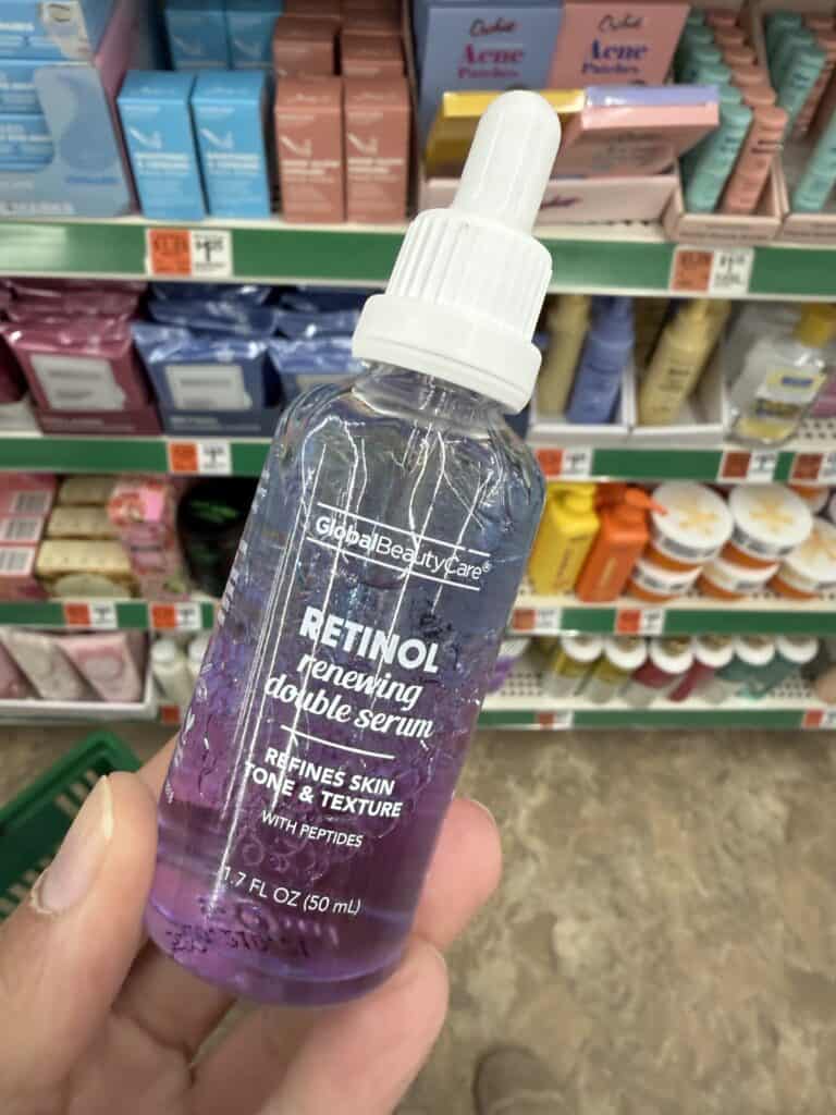 15 Dollar Tree Personal Care Finds I Actually Keep Buying (All Just $1.25!) 1 Retinol renewing serum for skin texture and firmness in a pharmacy setting.