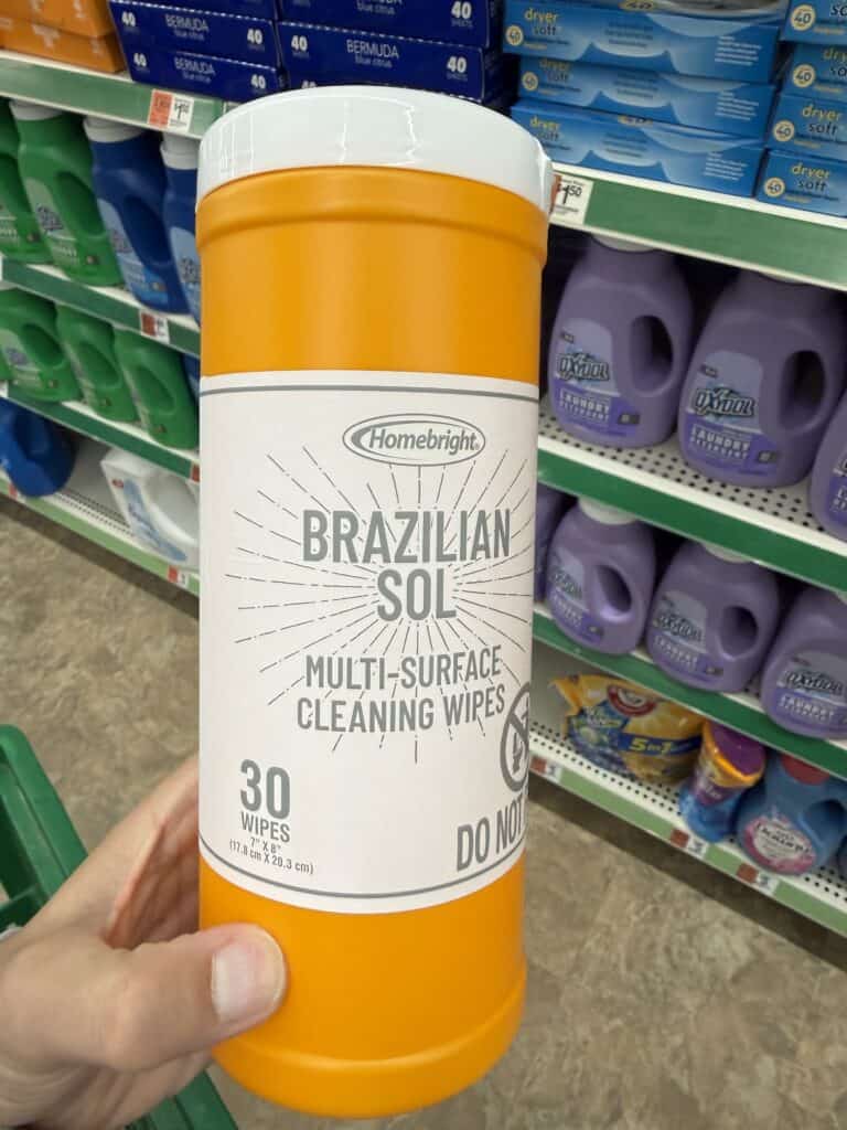 15 Dollar Tree Personal Care Finds I Actually Keep Buying (All Just $1.25!) 15 Container of Brazilian Soil multi-surface cleaning wipes on store shelf.