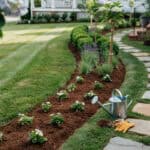 7 Beautiful front yard with flower bed, pathway, and lush lawn.