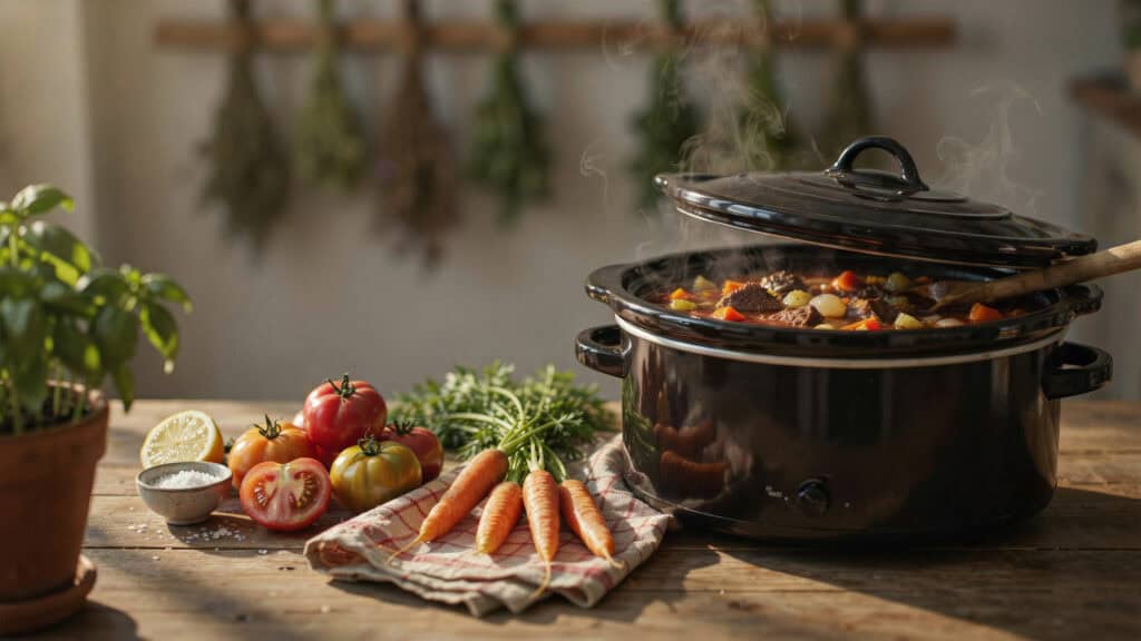 Freezer Meals Make Ahead: 10 Recipes Using Your Frozen Garden Produce 2 Slow cooker with vegetable soup and fresh produce on a rustic table.