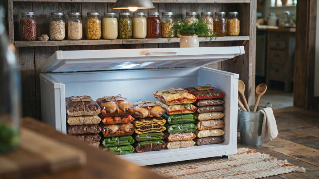 Freezer Meals Make Ahead: 10 Recipes Using Your Frozen Garden Produce 4 Open freezer with organized bags of frozen garden vegetables and herbs.