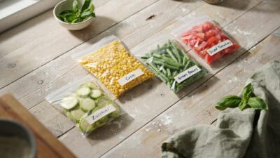 Prepped vegetables and corn in resealable bags for freezer meals.