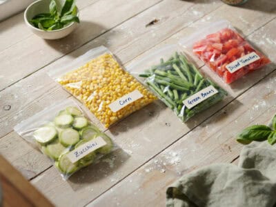 Prepped vegetables and corn in resealable bags for freezer meals.