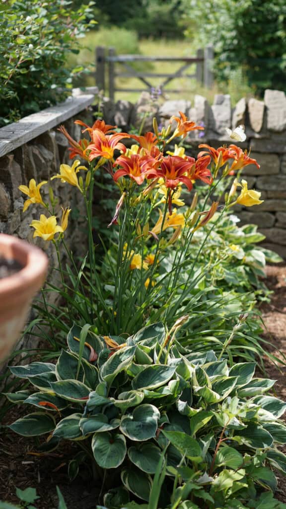 Hosta Landscaping: 15 Ways to Design With Hostas 6 Vibrant orange and yellow daylilies with lush hostas in a garden setting.